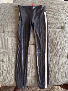 SPANX Black Faux Leather Leggings with Cream Side Stripe